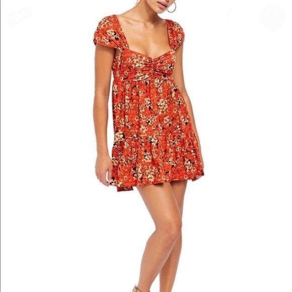 Free People Pattern Play /Women's LinenBlend Orange Floral Mini Dress Sz XS - Picture 1 of 10